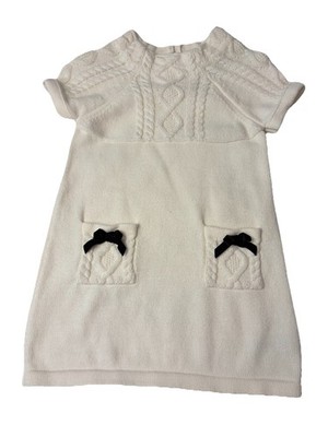 Maggie & Zoe Girls 3T Ivory Sweater Dress Cable Knit Black Bow Pockets