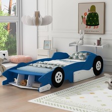 Race Car Bed Twin Size Wood Platform Bed Frame w/ Wheels for Boys Blue