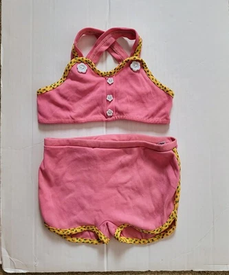 1970's Vintage Retro Girls Two Piece Pink Bathing Swimsuit Flower Buttons Size 4 - Photo 1/4