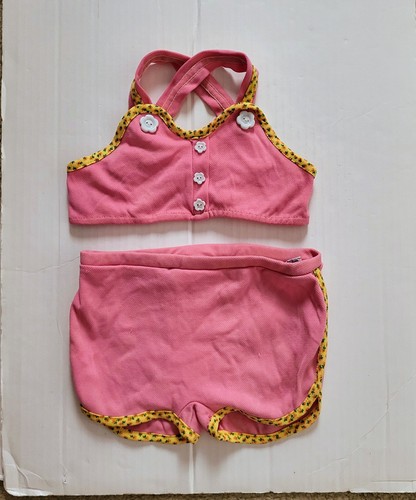 1970's Vintage Retro Girls Two Piece Pink Bathing Swimsuit Flower Buttons Size 4