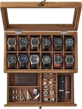 Watch Box with 12 Slots, 2-Tier Wood Watch Case with Large Glass Lid, Watch P...