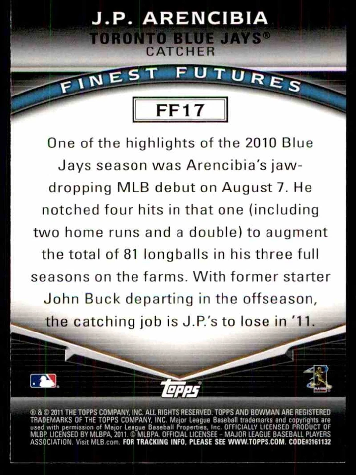 2011 Bowman Finest Futures J.P. Arencibia Toronto Blue Jays #FF17 - Image 2 of 2