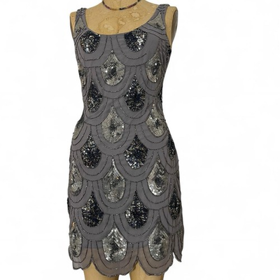 #ad Aqua Grey Dress with Silver Glamorous Beading and Sequins Size Small $50.00