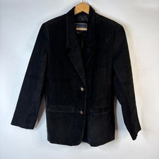 Rossano Suede Leather Blazer Women Medium Black Vintage Shoulder Pads