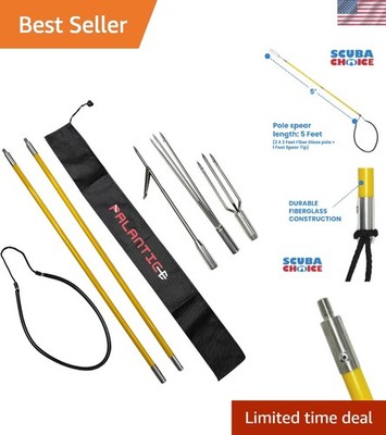 5' Two-Piece Fiberglass Travel Pole Spear, 3 Speartip Set 12'' Paralyzer, Sing...
