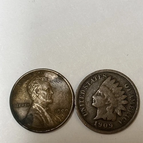 1909 Indian Head AND 1909 Lincoln Penny - (2) U.S. 1 Cent coin "Good"