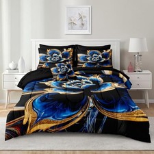 Comforter Set Queen Size 8 Pieces Flower Bed in a Bag Queen-8 Pieces Blue Gold