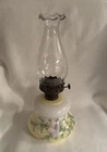 Vtg 15” Yellow Pink Painted Milk Glass Oil Kerosene Lamp Wick & Glass Chimney