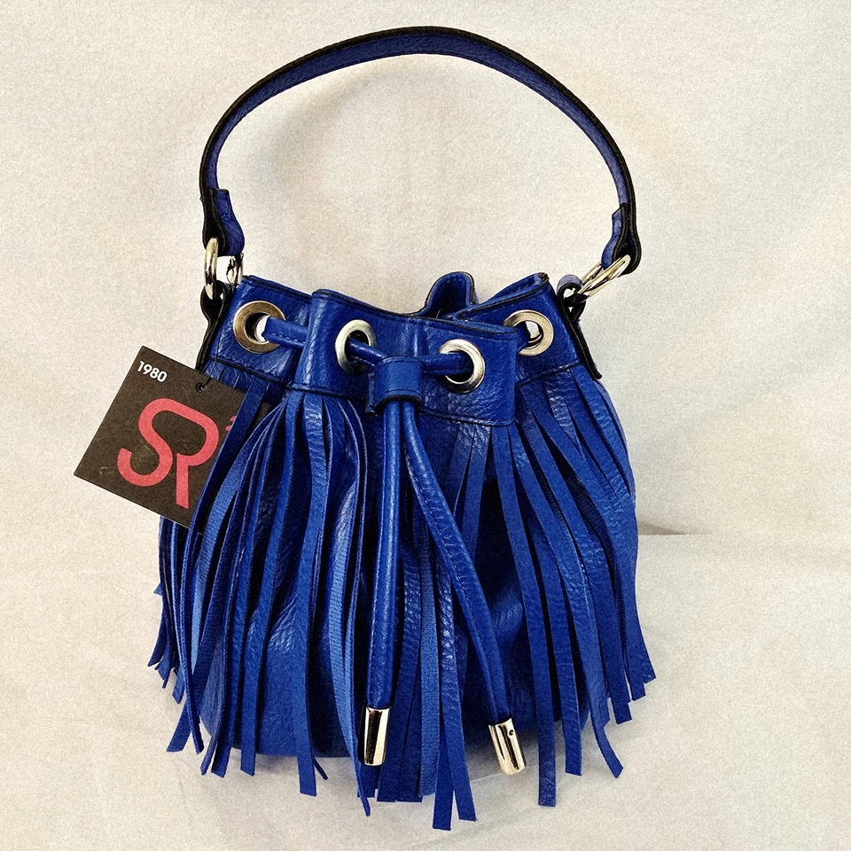 SR2 Cobalt Blue Leather Fringe Bucket Crossbody Strap Purse Boho adjust pull - Image 2 of 4
