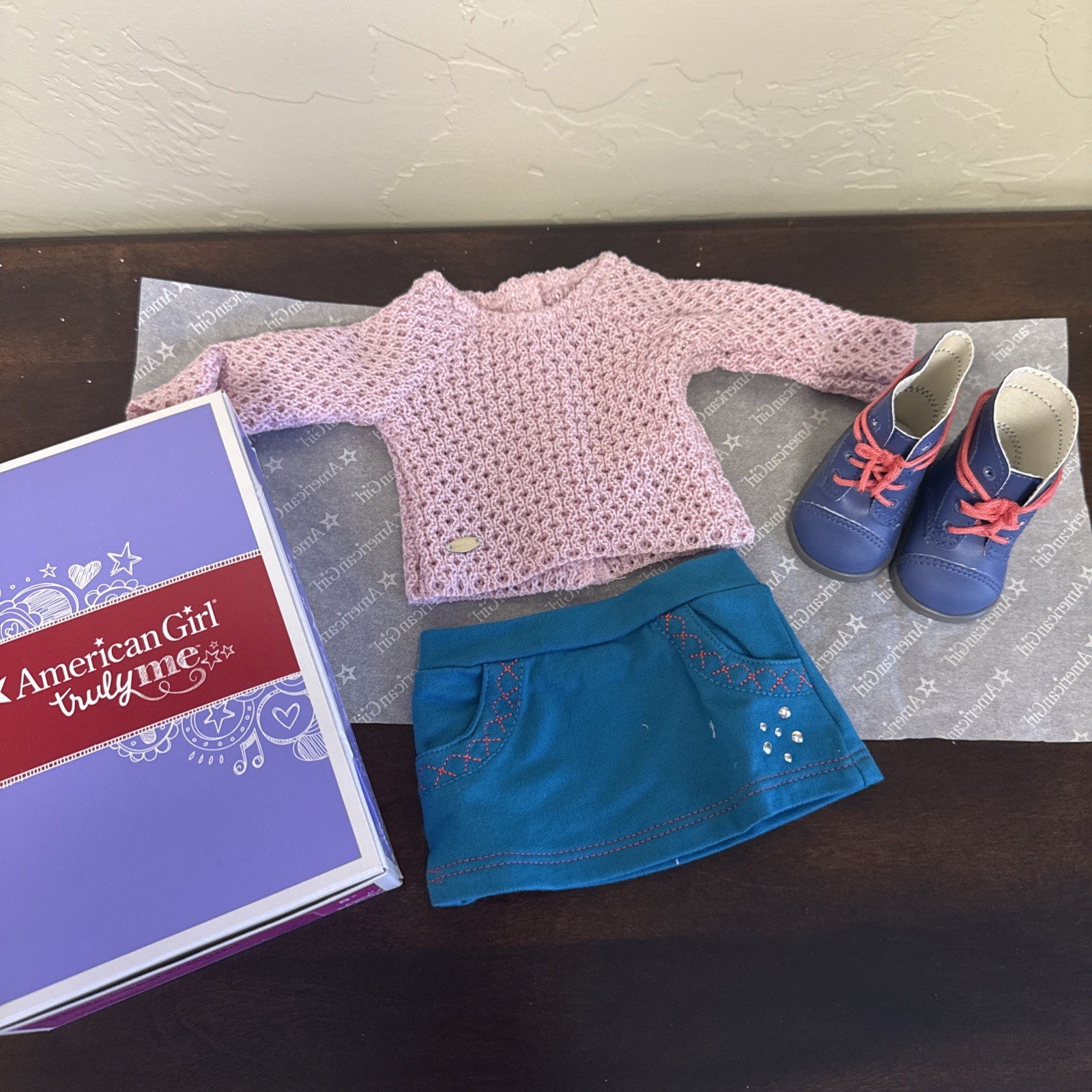 American Girl Doll Truly Me Sparkle Sweater Outfit With Boots Skirt Set Retired