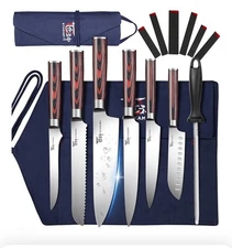 SYOKAMI 14 Piece Japanese Kitchen Knife Set With Roll Bag Pakkawood Handle $79