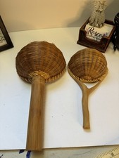 Vtg Wicker Ladles Spoon Scoop Woven Rattan Basket Wood Handle Primitive