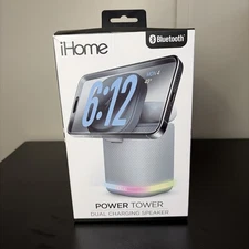 IHome Power Tower Dual Charging Speaker Charger Apple Samsung Bluetooth White
