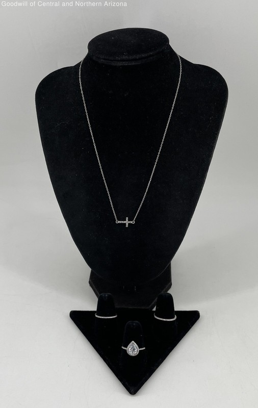 925 Sterling Silver16-17.5" CZ Cross Necklace/850 Silver Size 7.5 CZ Rings 5.95g