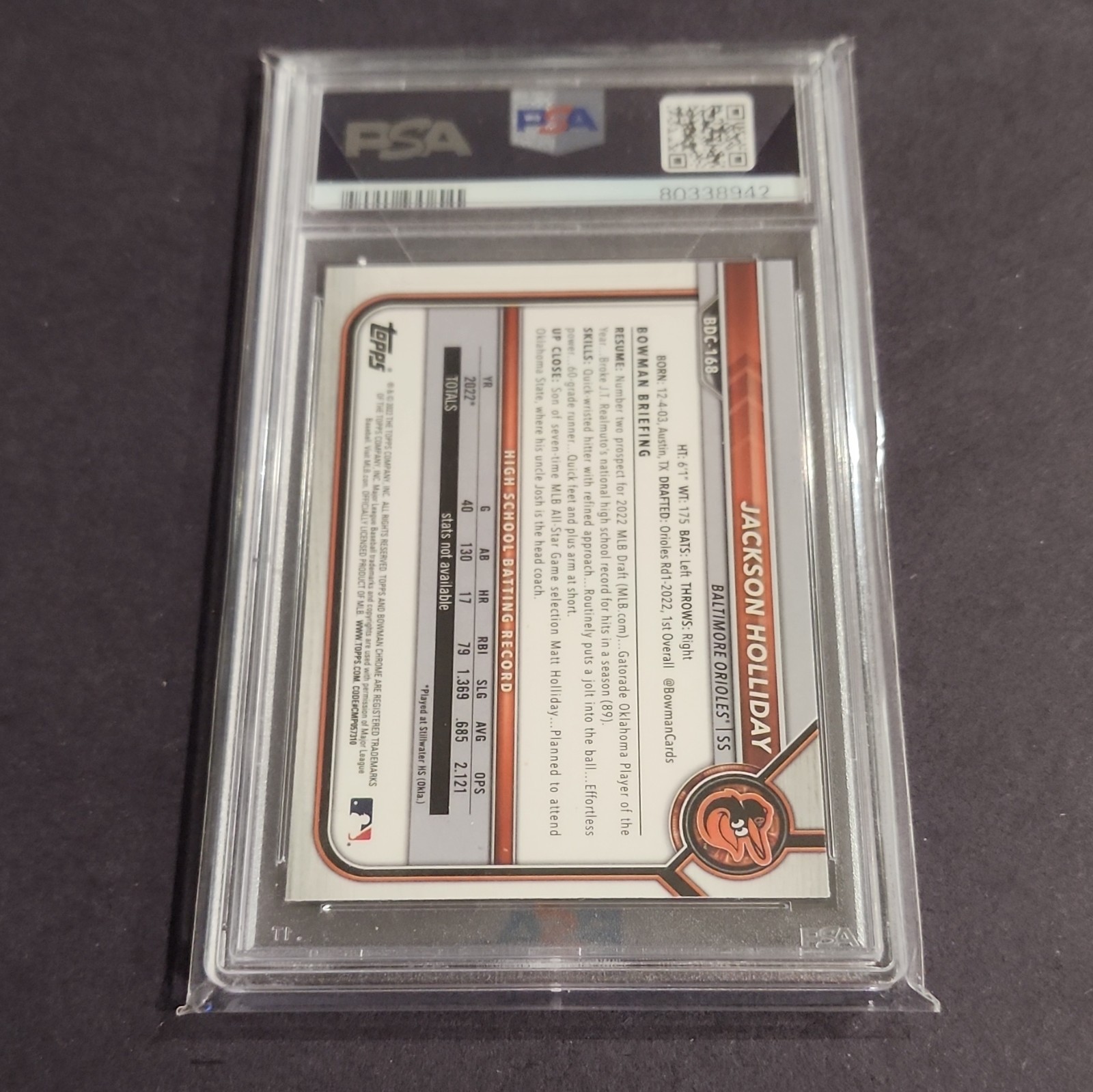 Bowman 2022 Bowman Draft Jackson Holliday 1st Bowman Chrome #BDC-168 PSA 7 view 2