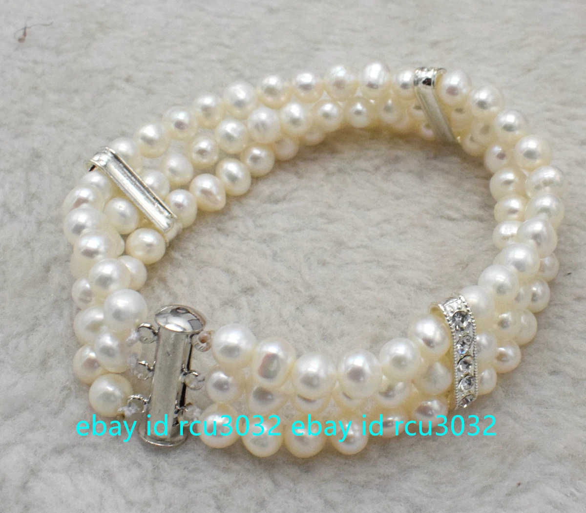 Charming 3 Rows Natural 7 8mm White Cultured Pearl Bracelet 7.5