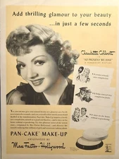 Vintage Print Ad 1943 Max Factor Hollywood Pan-Cake Makeup Claudette Colbert