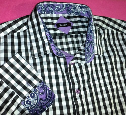 3XL XL fresco a Medida Moda para Hombre Camisa Cuadros Blanco Negro Púrpura  Paisley Trim | eBay