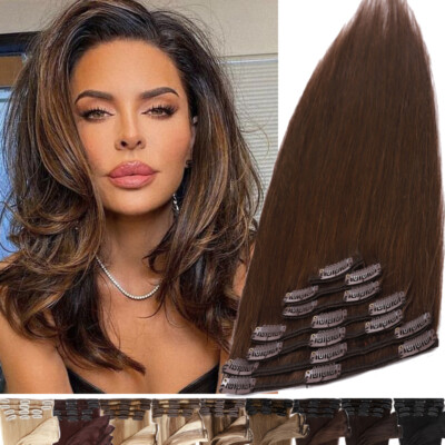 100% Real Soft Clip In Human Hair Extensions Remy Wefts Full Head 8 Pieces Brown