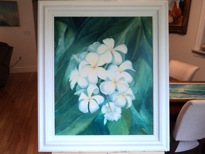 ORIGINAL OIL CANVAS PAINTING BY N. NADZO HAWAIIAN PLUMERIA FLOWERS STUDY FRAMED