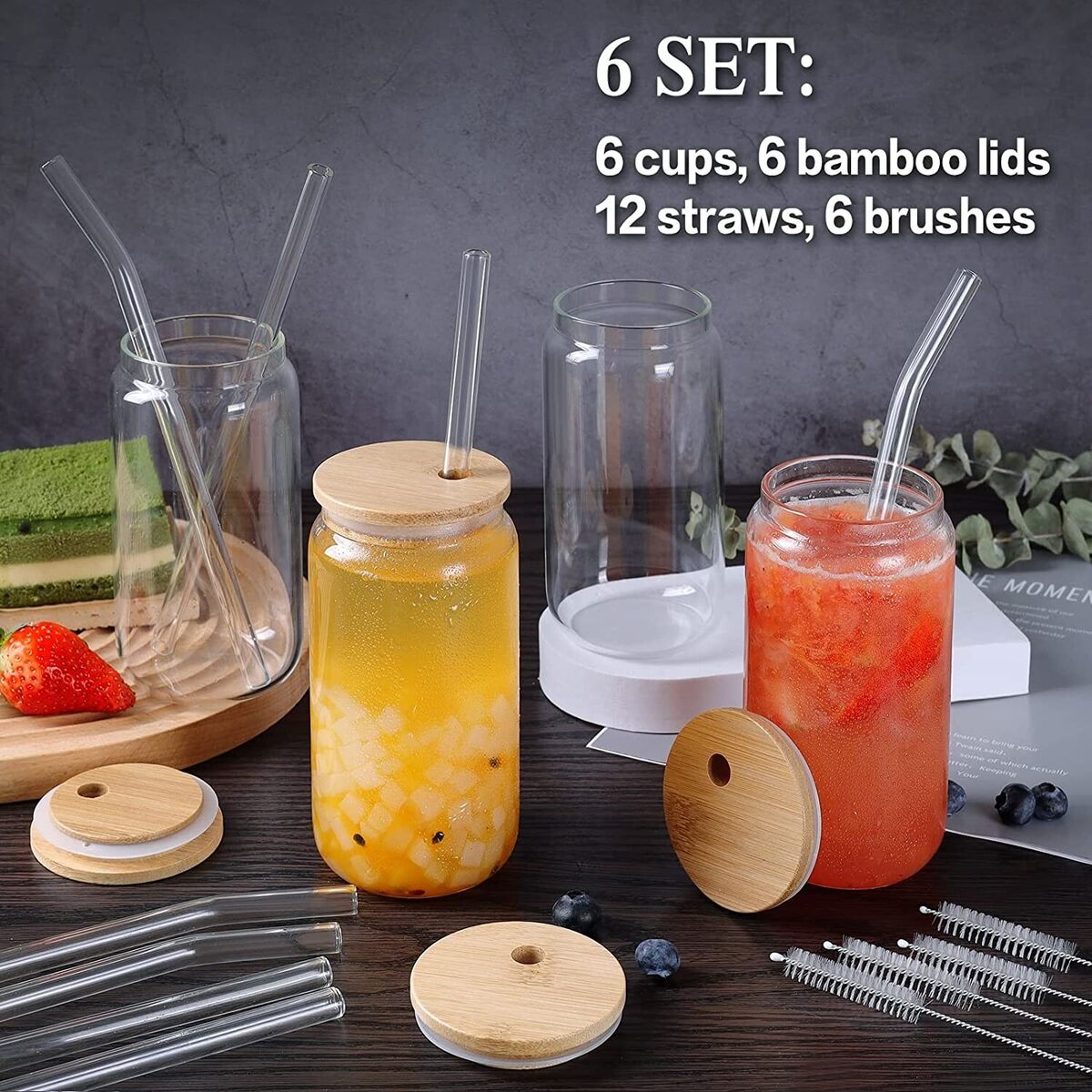 6Pcs Set Drinking Glasses with 6 Bamboo Lids and 12 Glass Straws, 16oz Can  Shape