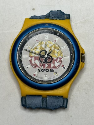 Vtg Expo 86 Swatch Quartz Watch By Swatch Swiss Made Blue/Yellow