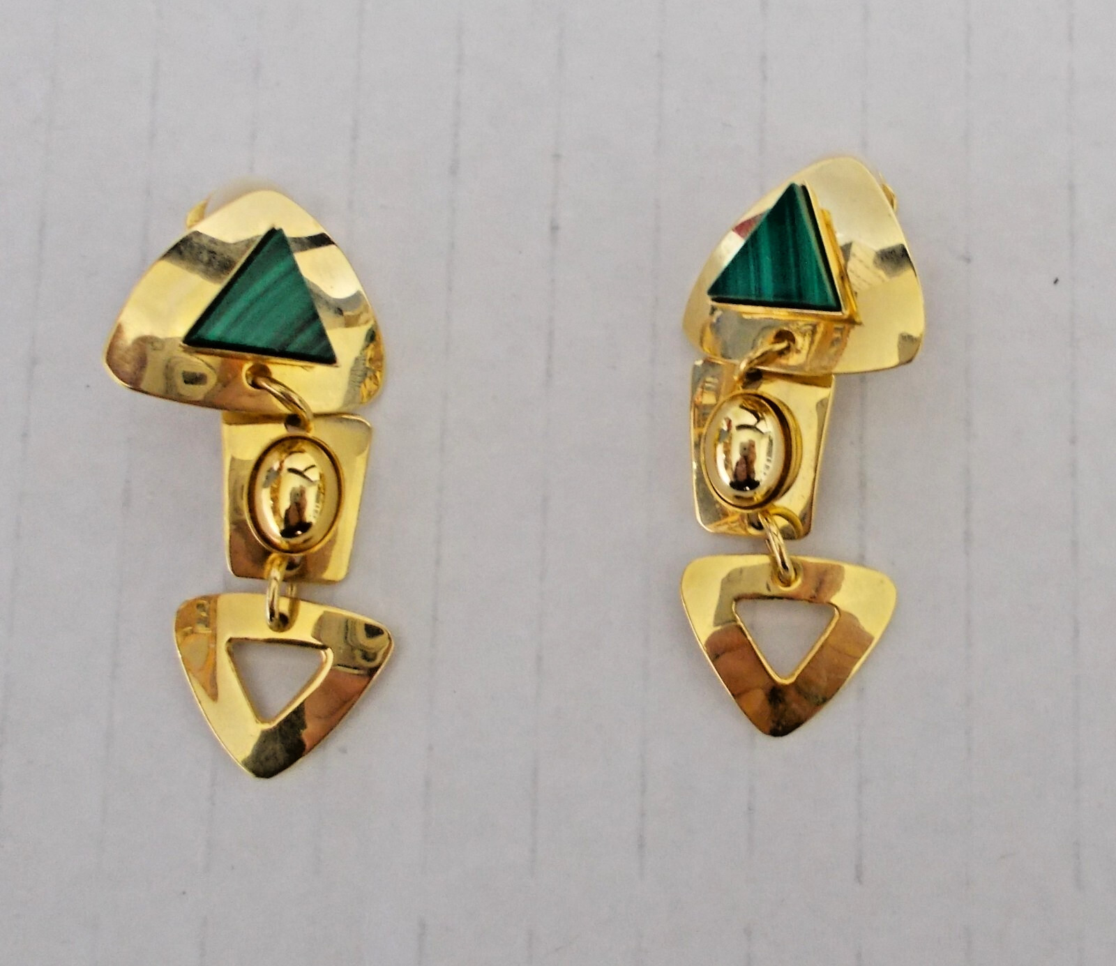 Triangular Malachite Clip-on Earrings with Gold-t… - image 1