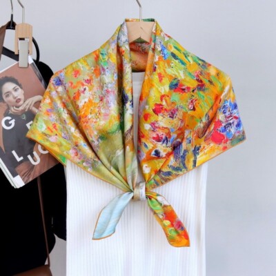 Oil Painting Print Twill Silk 18 Momme Double Face Scarf Stole Square Shawl 35''