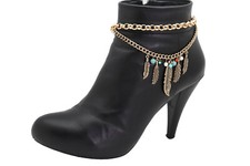 Women Rustic Gold Boot Chain Bracelet Western Shoe Charm Ethnic Feathers Beads