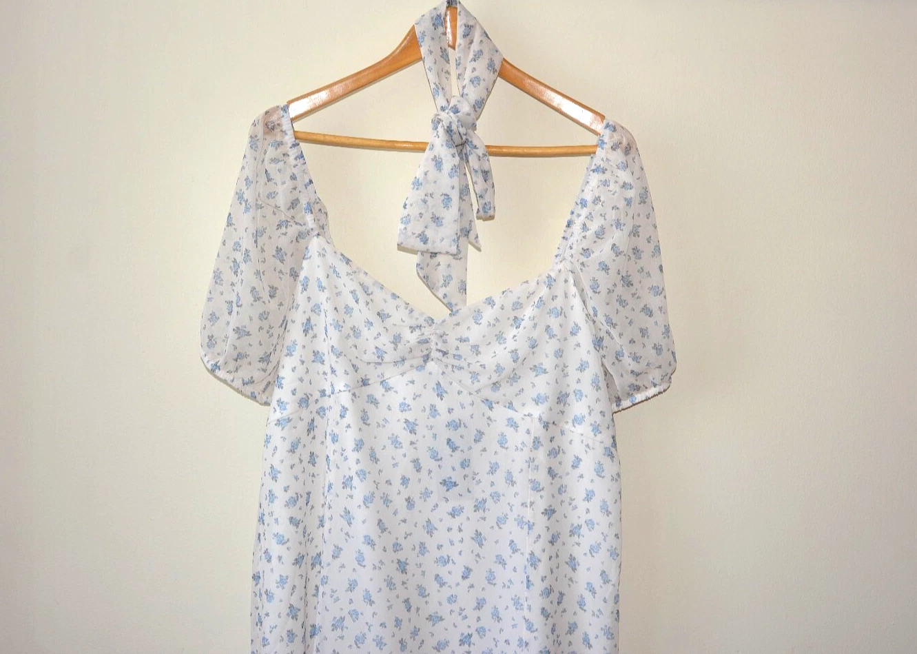 OFF WHITE MINI ABITO EX NEW LOOK OFF BIANCO+BLU DITSY STAMPA FLOREALE FODERATO IN CHIFFON TAGLIA 8 22