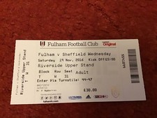 Fulham v Sheffield Wednesday 19th November 2016 Championship game used ticket