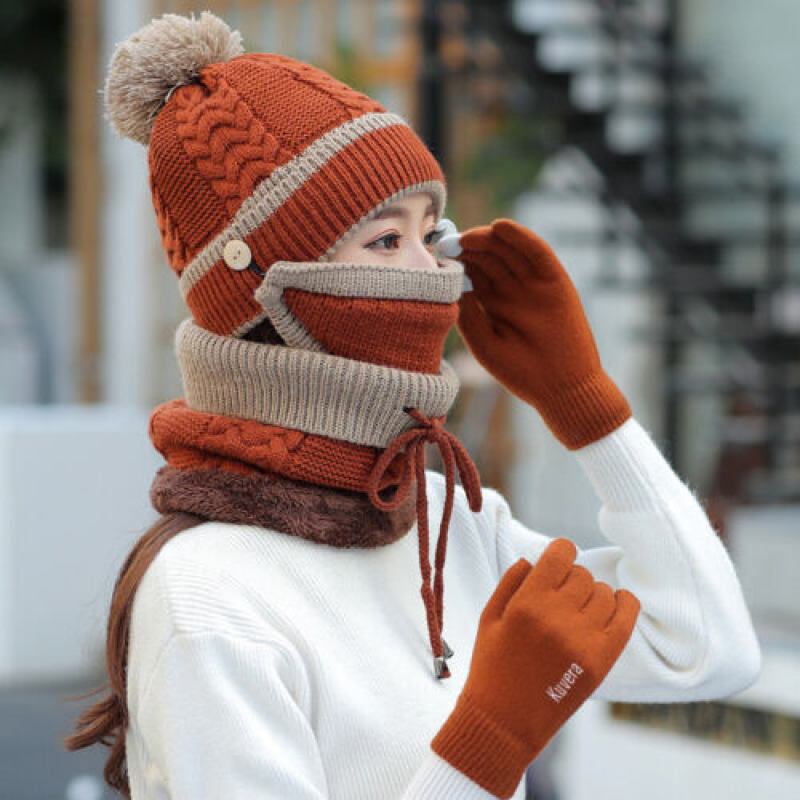 Women Beanie Cap Knitted Hat Scarf Touch Screen Gloves Set  display picture 3