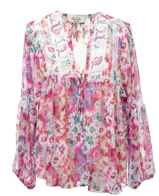 PAKO LITTO BLS2100 Damen fließende offene Bluse Blumen rosa Gr. XS / S 