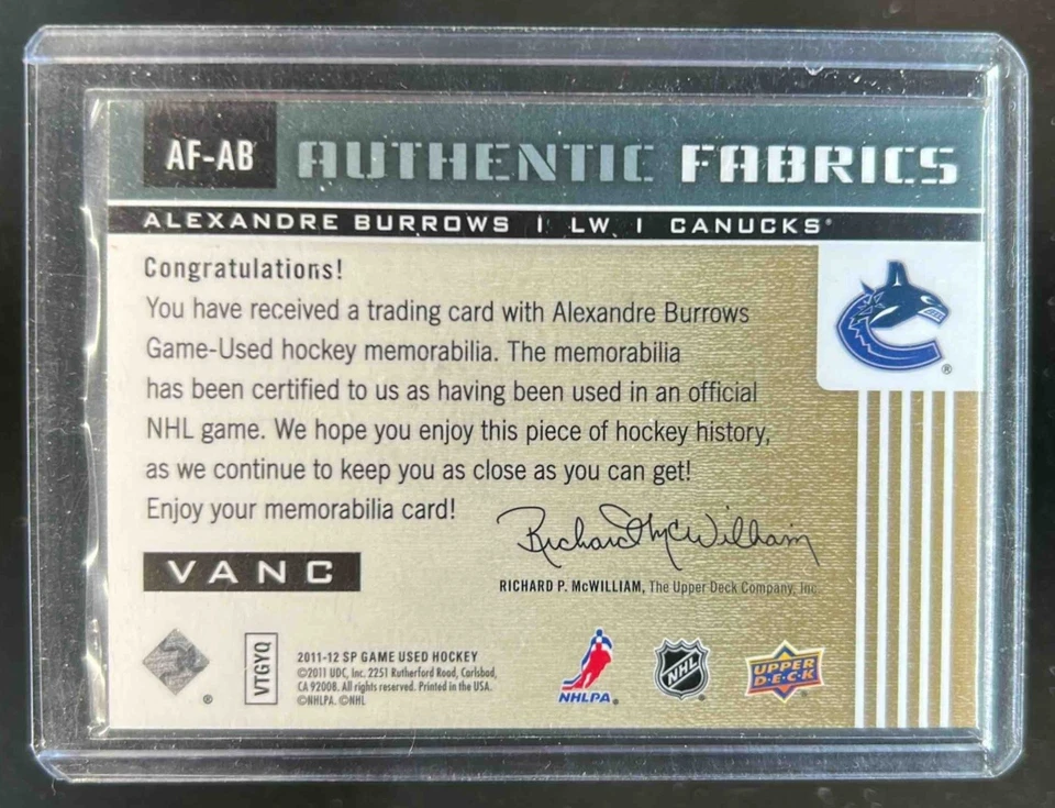 2011-12 SP Game Used Alexandre Burrows Authentic Fabrics N Jersey Gold #AF-ABa - Image 2 of 2