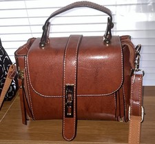 Brown Satchel Top Handle Bag with Adjustable Strap and Gold Hardware