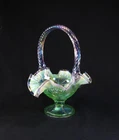 Fenton Glass Willow Green Opalescent Carnival Crimped 8" Basket - Hand-Signed