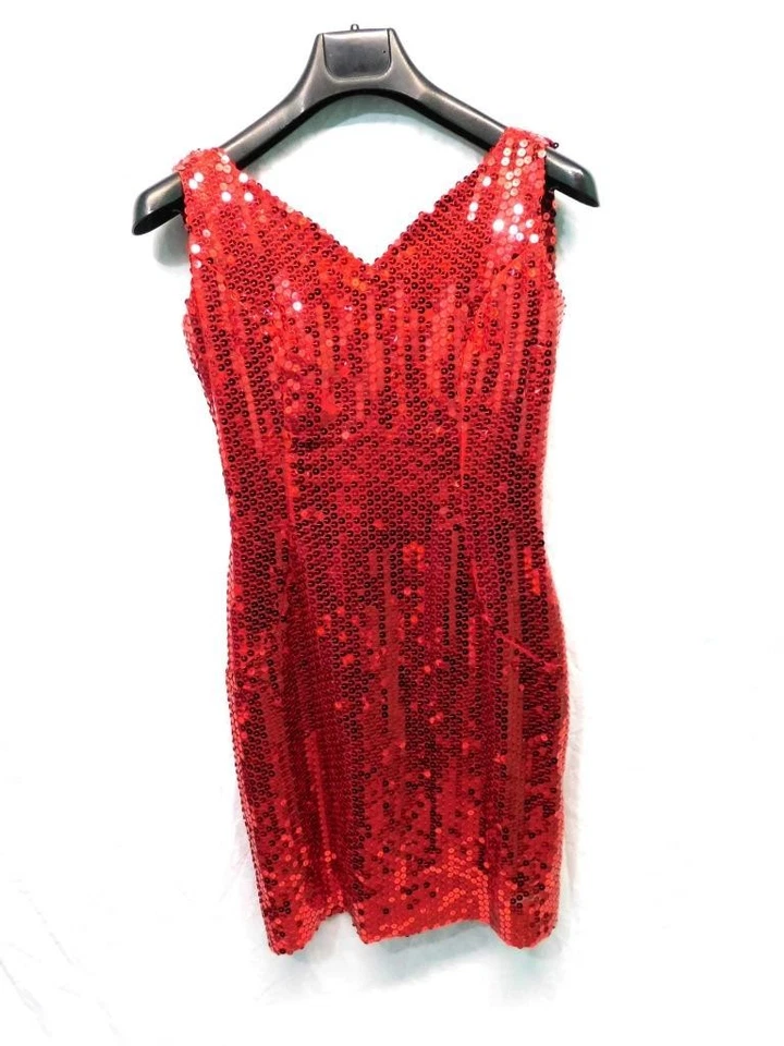 Vintage 90s Nadine S Red Sequin Mini Dress Sleeveless V Neck Drape Back Cocktail - Image 3 of 4