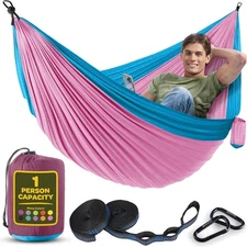 Durable Hammock 400 lb Capacity, Nylon Camping Medium, Fuchsia & Sky Blue 