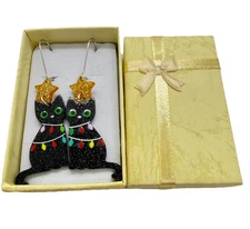 Black Cat Glitter Christmas Earrings Festive Lights & Gold Dangle w/Gift Box