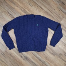 Vintage Polo Ralph Lauren Cable Knit Sweater Womens L Blue Crewneck Cotton 90s
