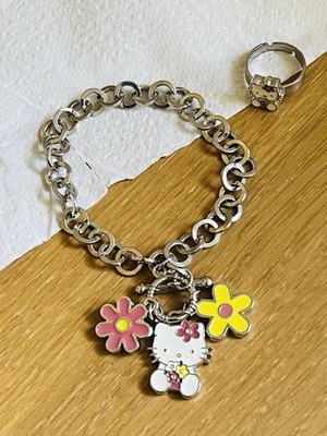 Vintage 2012 Sanrio Hello Kitty Floral Bracelet & Adjustable Ring Set Y2K Rare