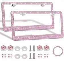 2pcs Pink Stainless Steel License Plate Frames With Sparkling Rhinestones For 2pcs Pink Stainless Steel License Plate Frames With Sparkling Rhinestones For