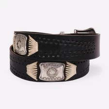 Vintage Western Leather Belt Embroidered Accents - Black  [Size 30-42]