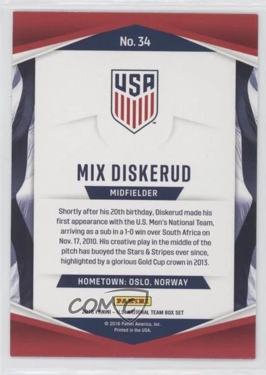 2016 Panini US National Team Holofoil Mix Diskerud #34 Rookie RC - Image 2 of 2