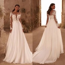 Vintage Long Sleeves Wedding Dress for Bride Appliques Sheer O-neck Chiffon