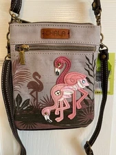 $35 (WAS $44)   CHALA FLAMINGO GROUP CANVAS DOUBLE POCKET CELL PHONE CROSSBODY