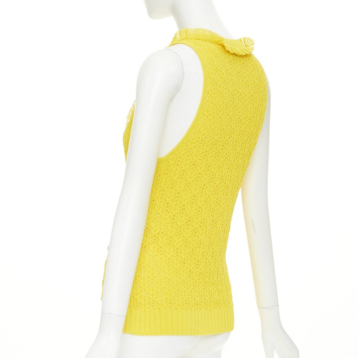 CHANEL 2025 marigold yellow openwork ruffle trim cotton vest cardigan FR34 XXS View 6