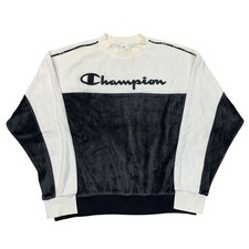Champion Velour Sweatshirt Crew Neck Retro Cream Black Womens Large
