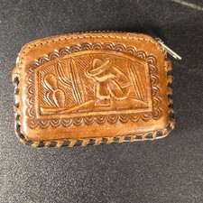 Vintage Mexico Leather Coin Pouch Purse Wallet Hand Tooled Handmade zip top