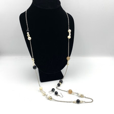Black Gold White Silver Tone Asymmetrical Beaded Necklace 40" / Earrings Set